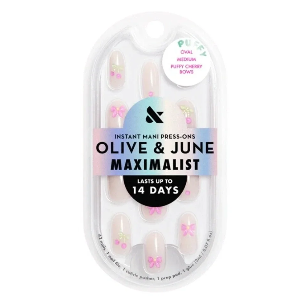 Olive & June Instant Mani Press-On Nails Puffy Cherry Bows Oval Medium 32ct New